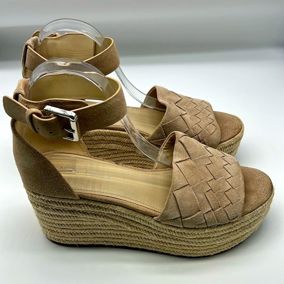 Marc Fisher - Varin Espadrille Taupe Leather Wedge Ankle Strap Sandal Size 9 - Picture 1 of 16